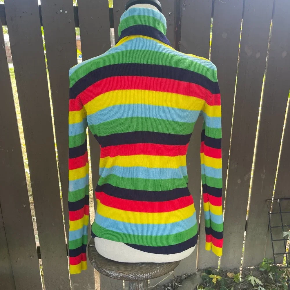 Vintage 1970s Tight Turtleneck Sweater 100% Acrylic Knit Rainbow Striped 38 - Picture 4 of 6
